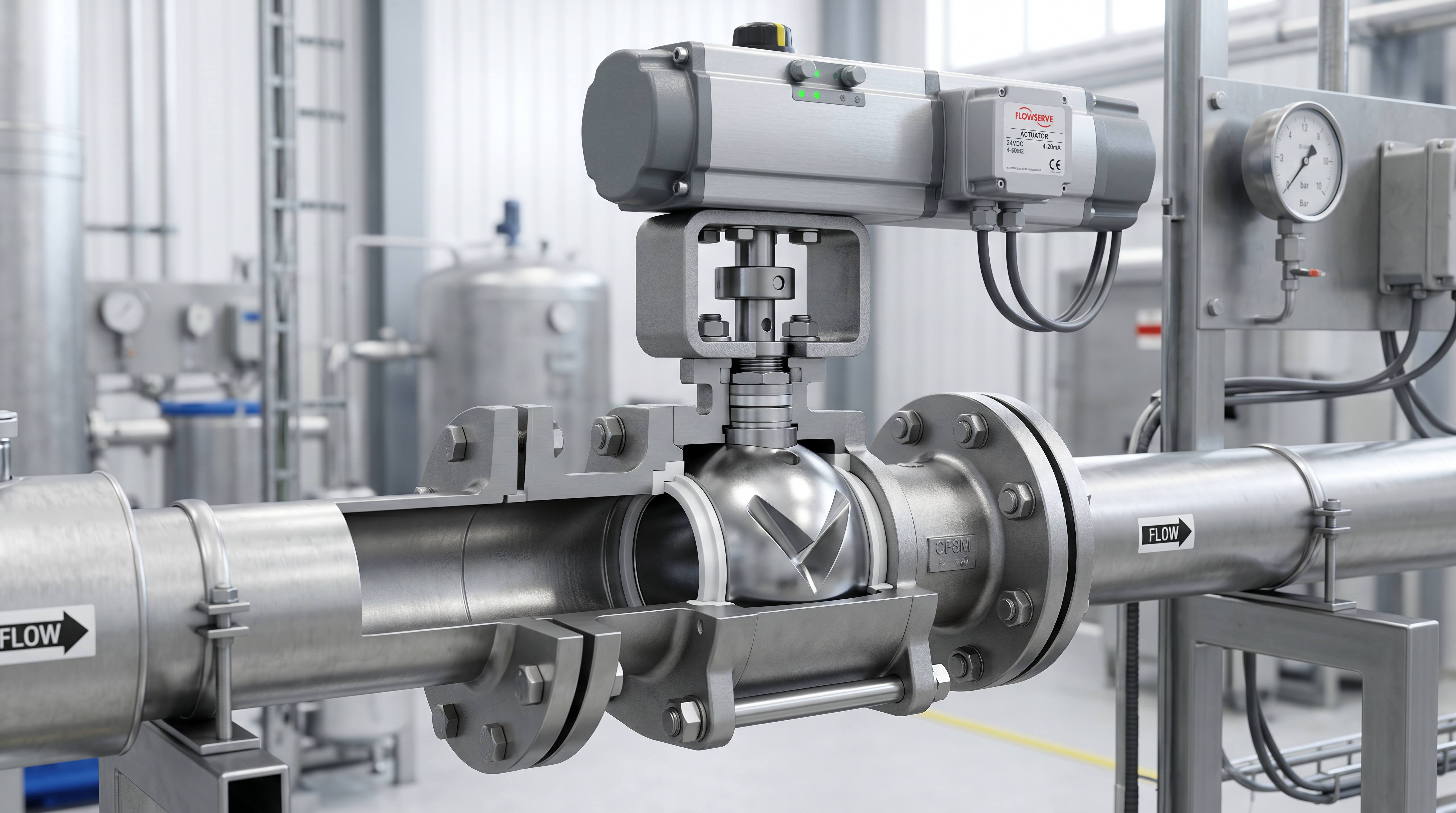 V port ball valve installed on an industrial pipeline for modulating flow control with pneumatic actuator assembly